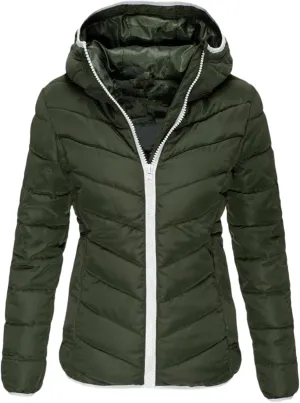 Women's Zipper Quilted Jacket Hooded Slim Fit Short Puffer Down Warm Ultra Lightweight Winter Padded Jacket with Pocket