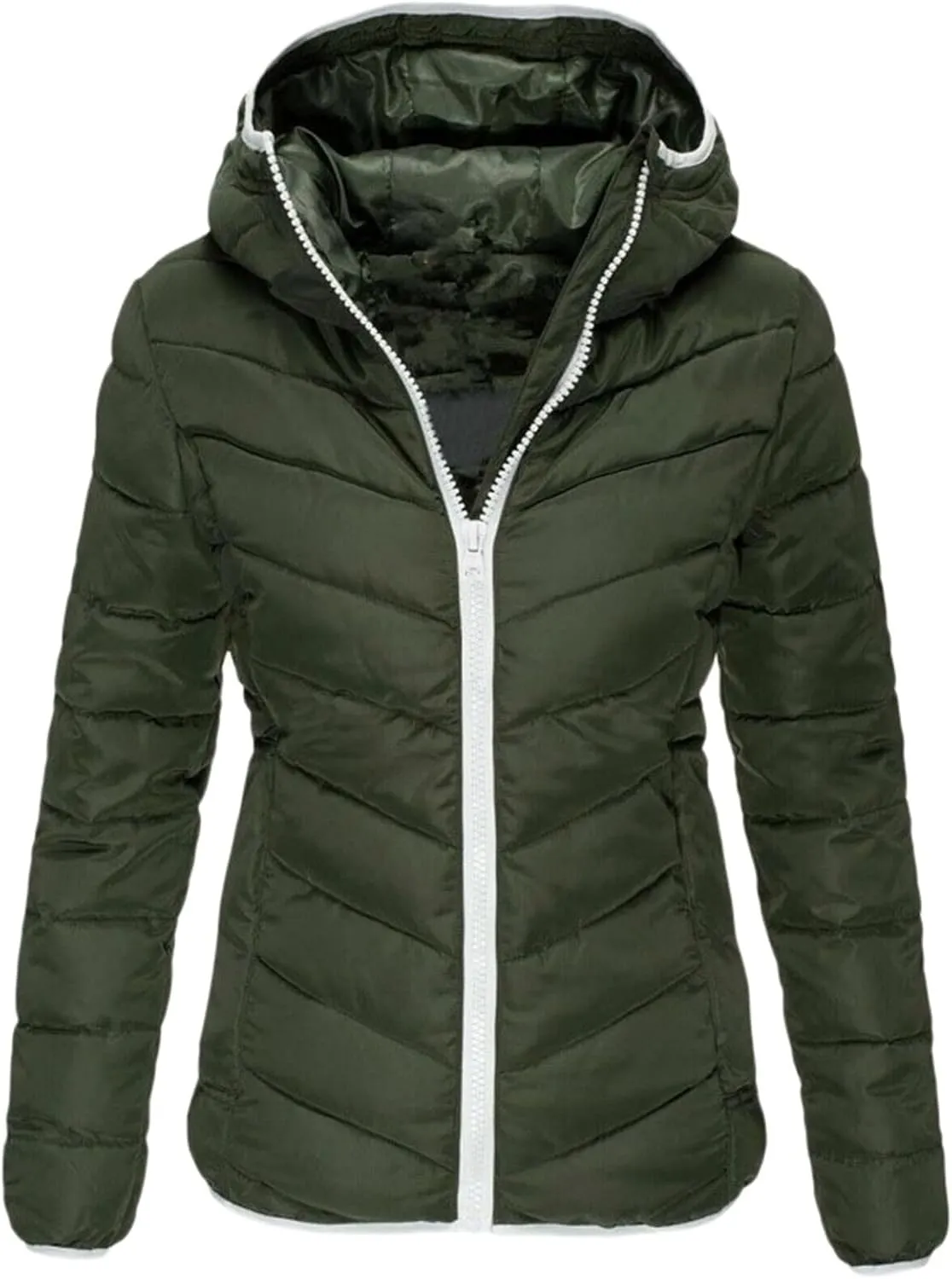 Women's Zipper Quilted Jacket Hooded Slim Fit Short Puffer Down Warm Ultra Lightweight Winter Padded Jacket with Pocket