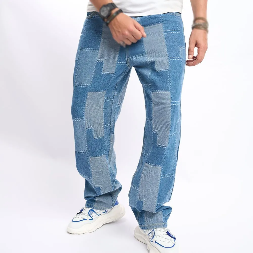 XYGJZ Mens Jeans Relaxed Fit Straight Leg Jeans Patchwork Pants Streetwear Skateboard Trousers