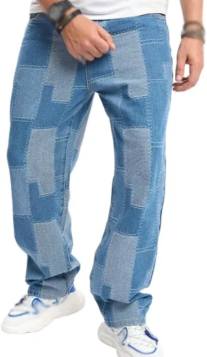 XYGJZ Mens Jeans Relaxed Fit Straight Leg Jeans Patchwork Pants Streetwear Skateboard Trousers