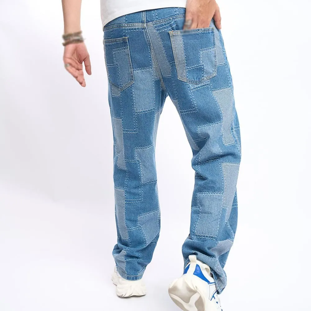 XYGJZ Mens Jeans Relaxed Fit Straight Leg Jeans Patchwork Pants Streetwear Skateboard Trousers