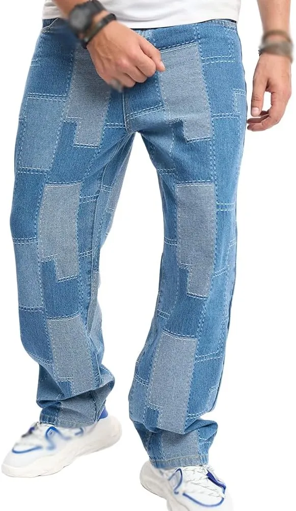 XYGJZ Mens Jeans Relaxed Fit Straight Leg Jeans Patchwork Pants Streetwear Skateboard Trousers