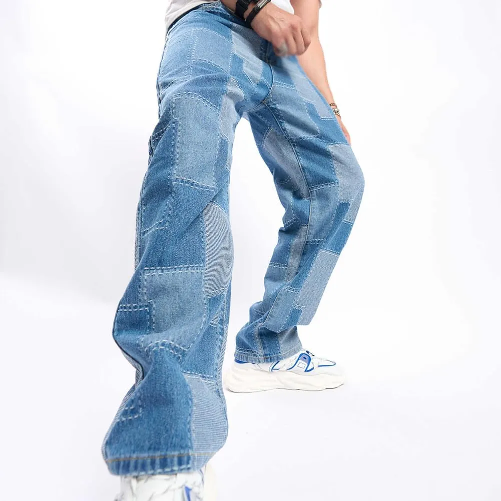 XYGJZ Mens Jeans Relaxed Fit Straight Leg Jeans Patchwork Pants Streetwear Skateboard Trousers
