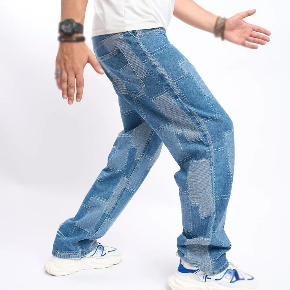 XYGJZ Mens Jeans Relaxed Fit Straight Leg Jeans Patchwork Pants Streetwear Skateboard Trousers
