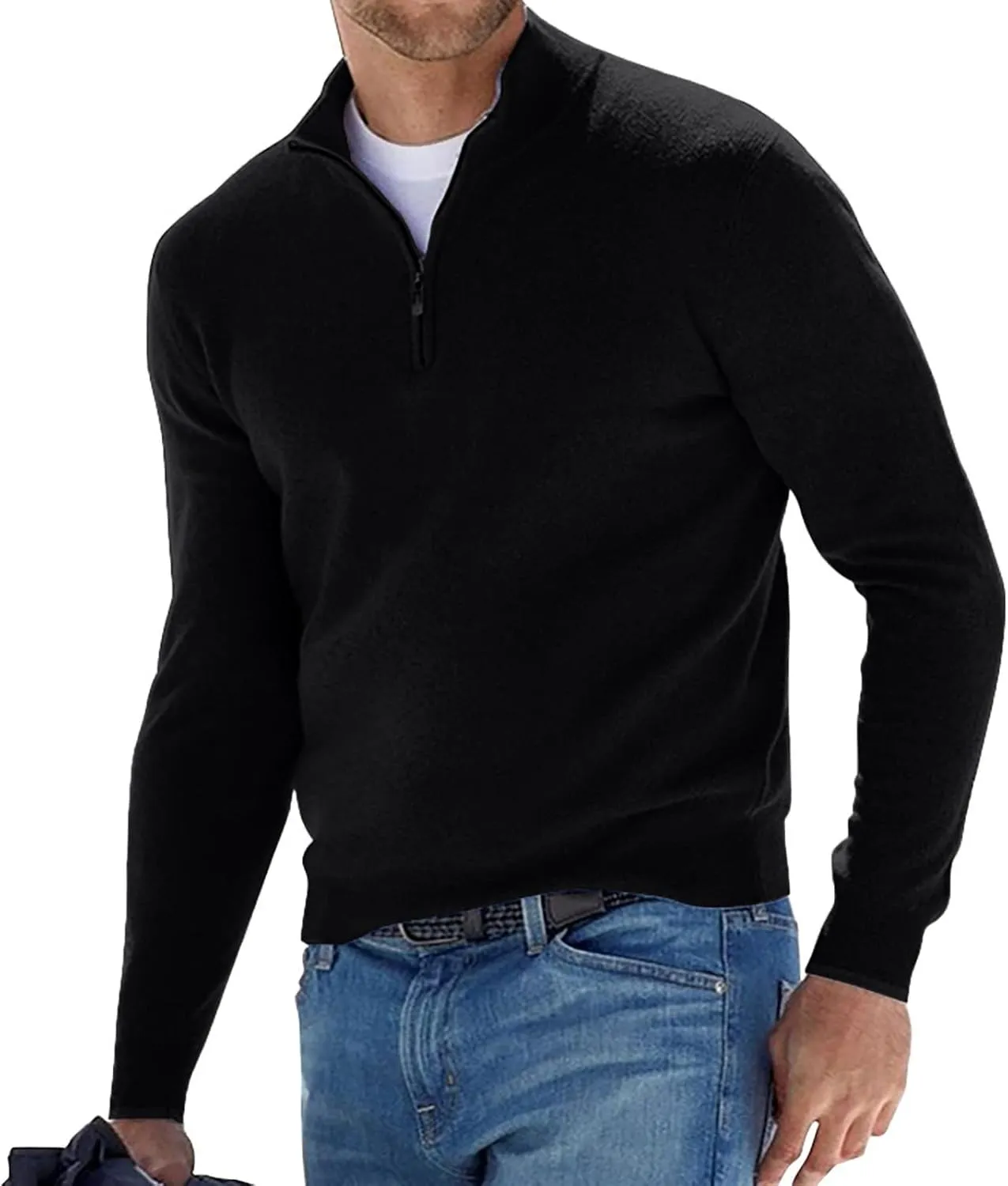 Ymosrh Men's Sweatshirts Casual Classic Zipper High Neck Solid Color Slim Knitted Pullover Sweatshirt, M-5XL