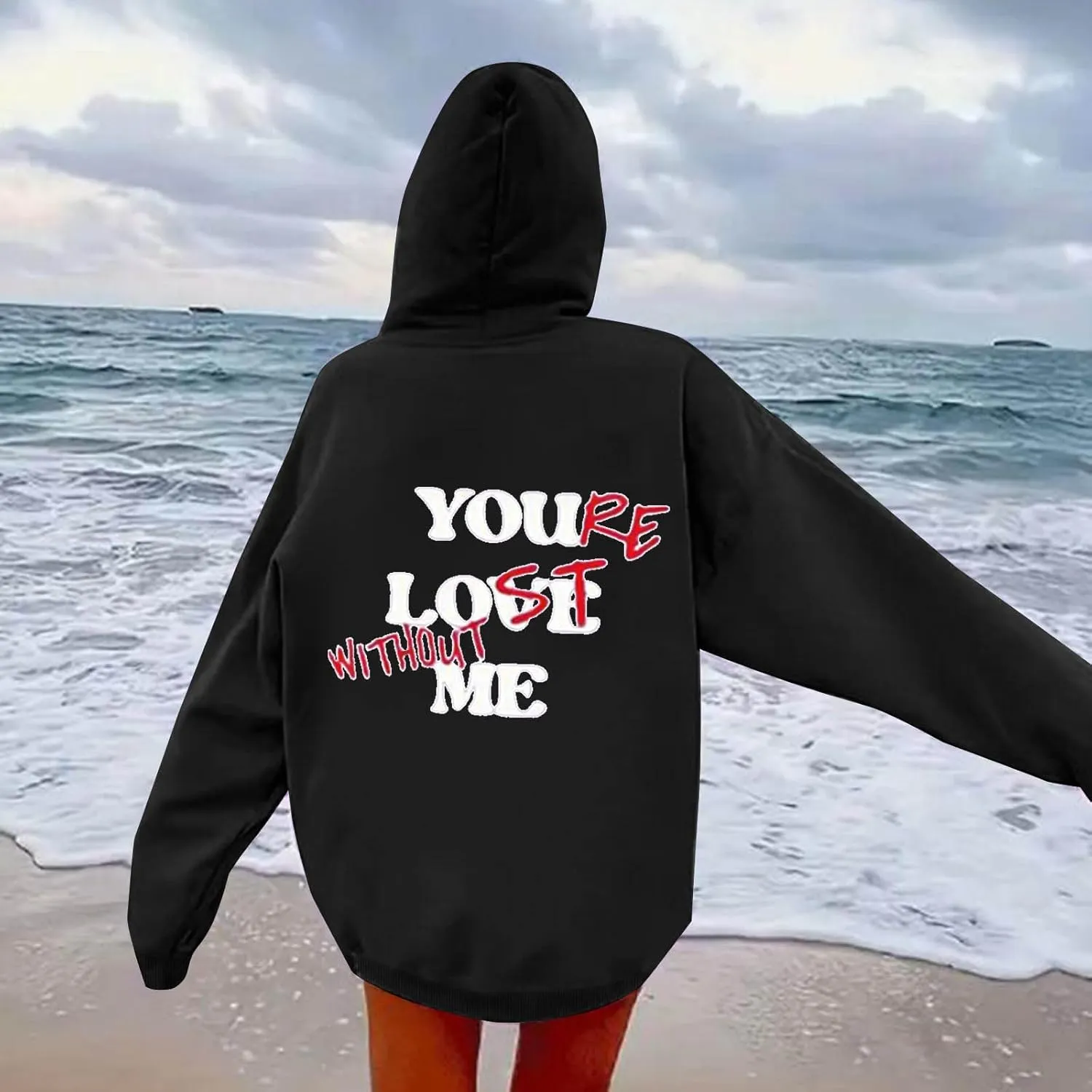 You Love Me Back Letter Print Oversize Hoodies Women Drop Shoulder Long Sleeve Pullover Tops Hooded Fleece Fall Sweatshirts