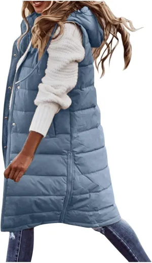 Zipper Puffer Vest For Women Lightweight Long Down Padded Gilet Coat Hooded Sleeveless Outdoor Puffer Jacket Vest