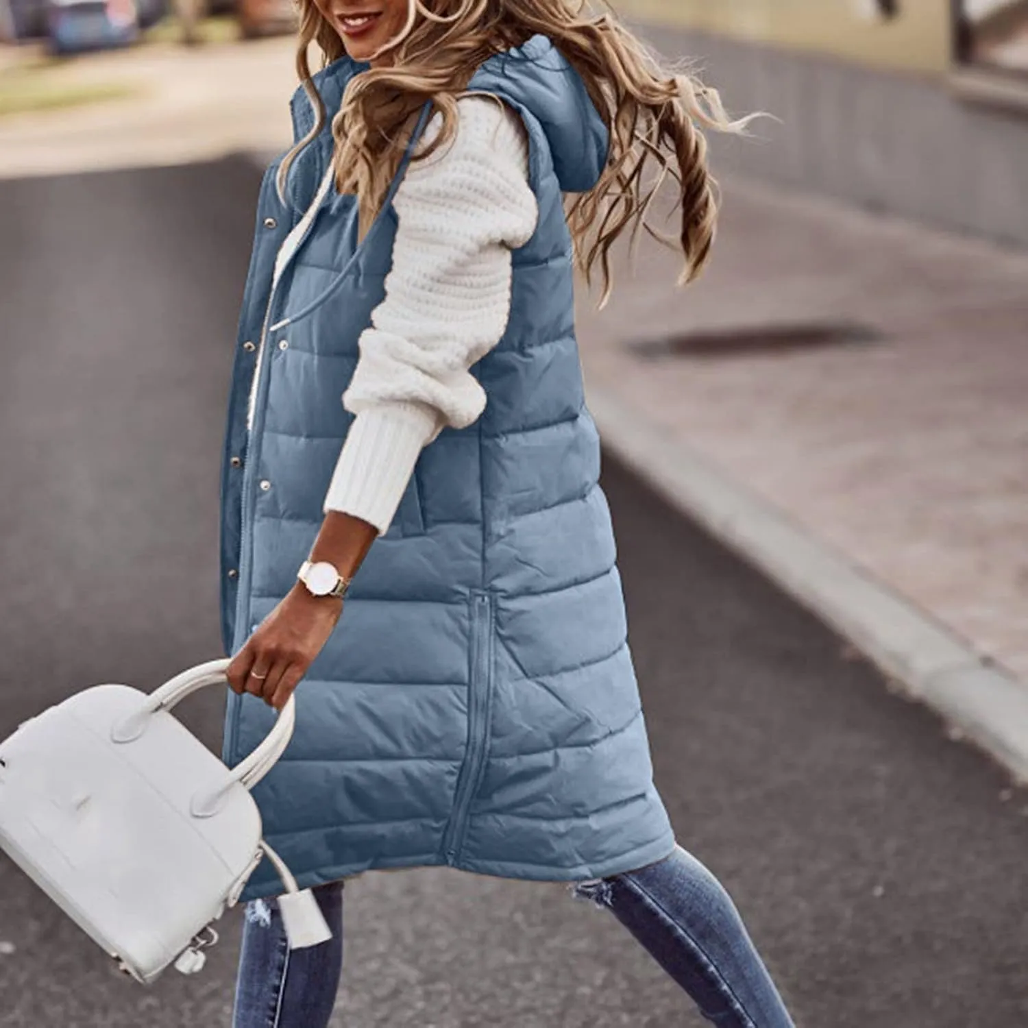 Zipper Puffer Vest For Women Lightweight Long Down Padded Gilet Coat Hooded Sleeveless Outdoor Puffer Jacket Vest
