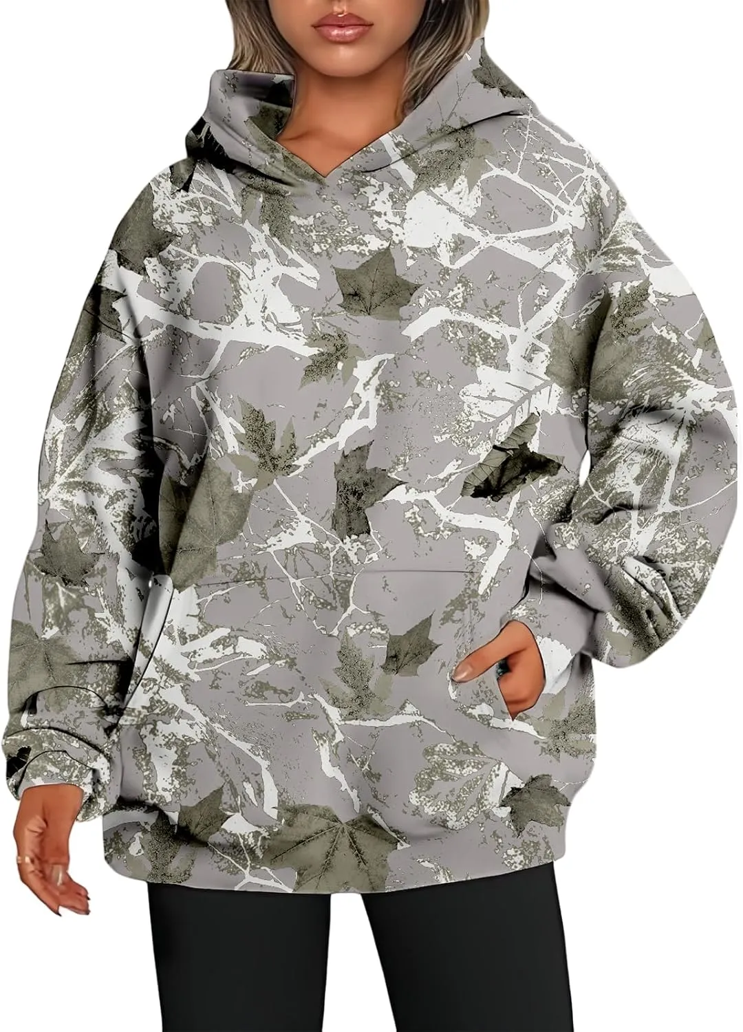 ZWRXW Womens Maple Leaf Camo Hoodie Cute Oversized Sweatshirts Graphic Print Pullover Hoodies Long Sleeve Tops with Pocket