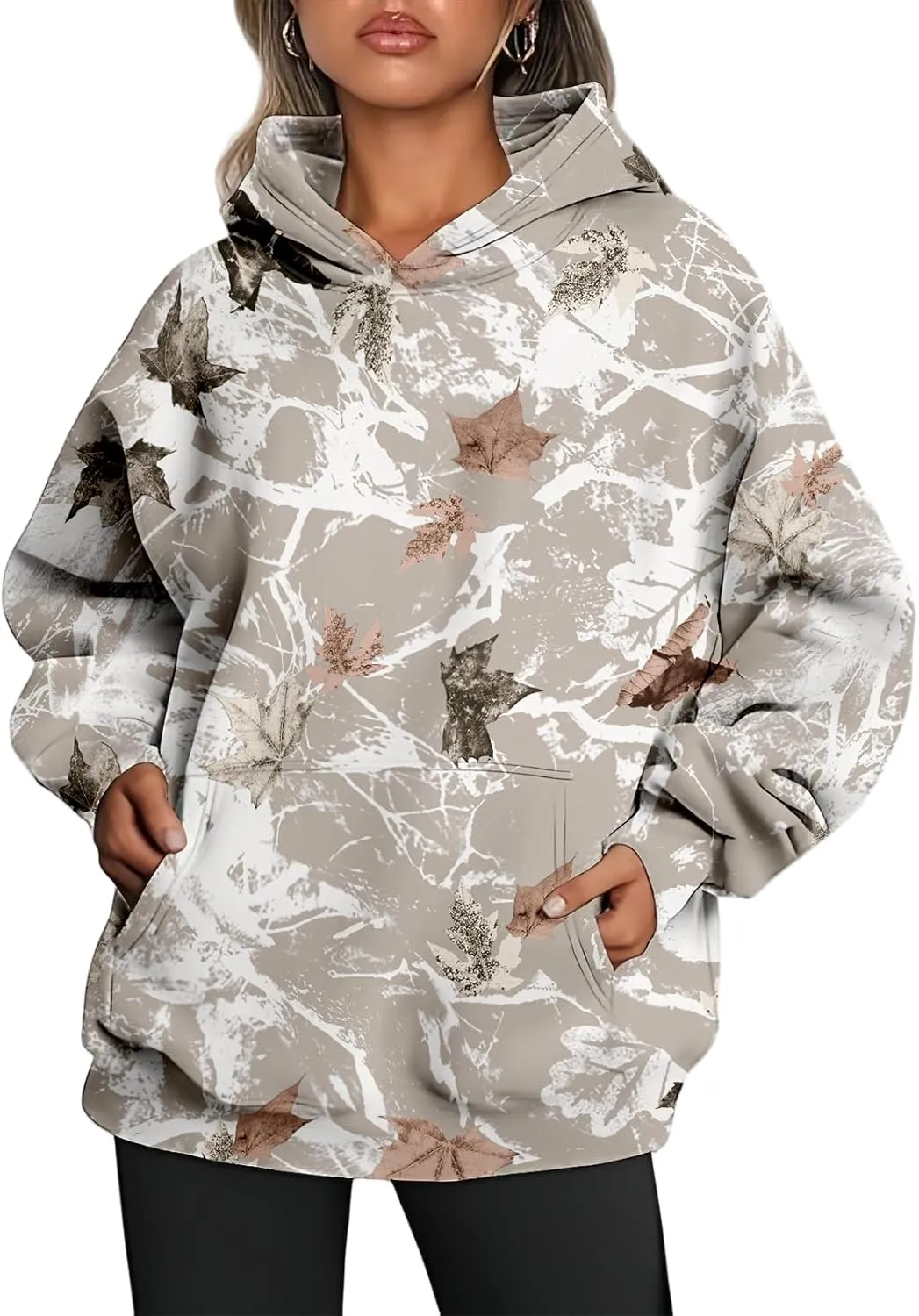 ZWRXW Womens Maple Leaf Camo Hoodie Cute Oversized Sweatshirts Graphic Print Pullover Hoodies Long Sleeve Tops with Pocket