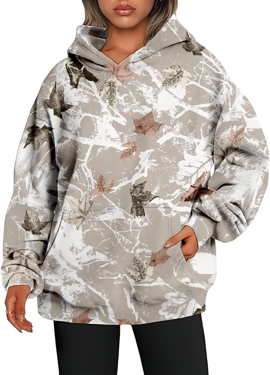 ZWRXW Womens Maple Leaf Camo Hoodie Cute Oversized Sweatshirts Graphic Print Pullover Hoodies Long Sleeve Tops with Pocket