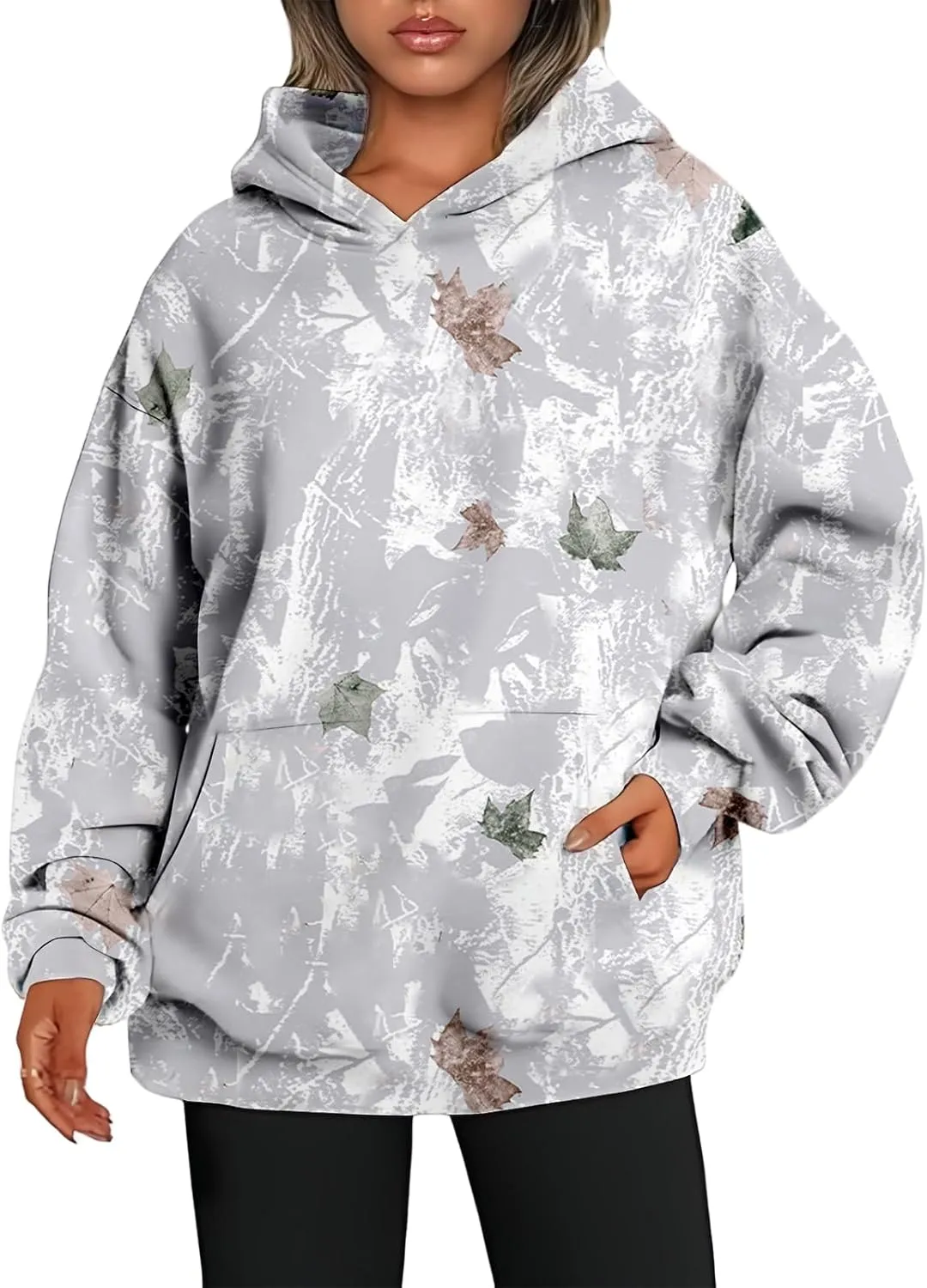 ZWRXW Womens Maple Leaf Camo Hoodie Cute Oversized Sweatshirts Graphic Print Pullover Hoodies Long Sleeve Tops with Pocket