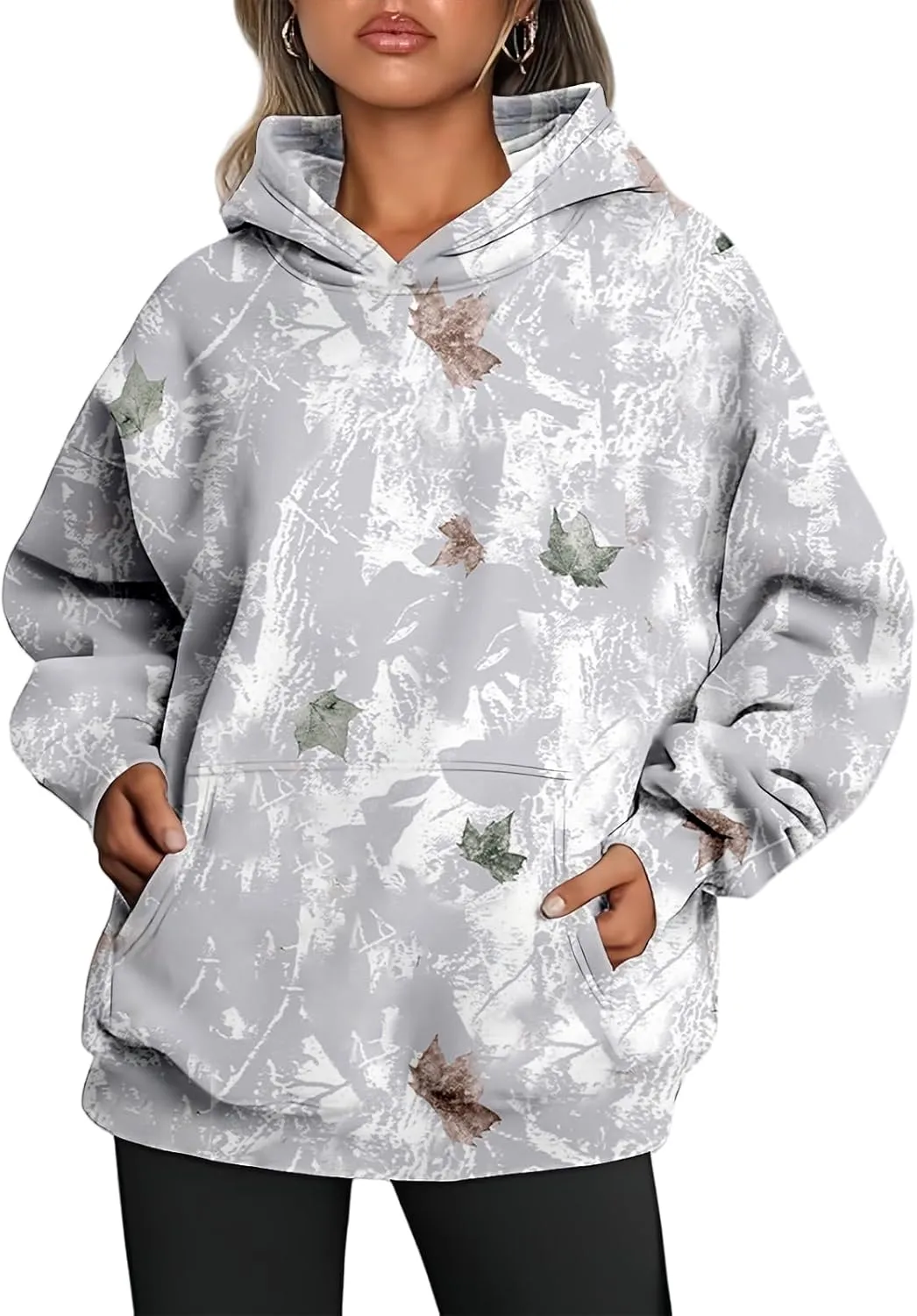 ZWRXW Womens Maple Leaf Camo Hoodie Cute Oversized Sweatshirts Graphic Print Pullover Hoodies Long Sleeve Tops with Pocket